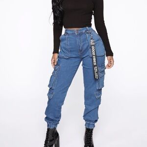 Denim cargo joggers​